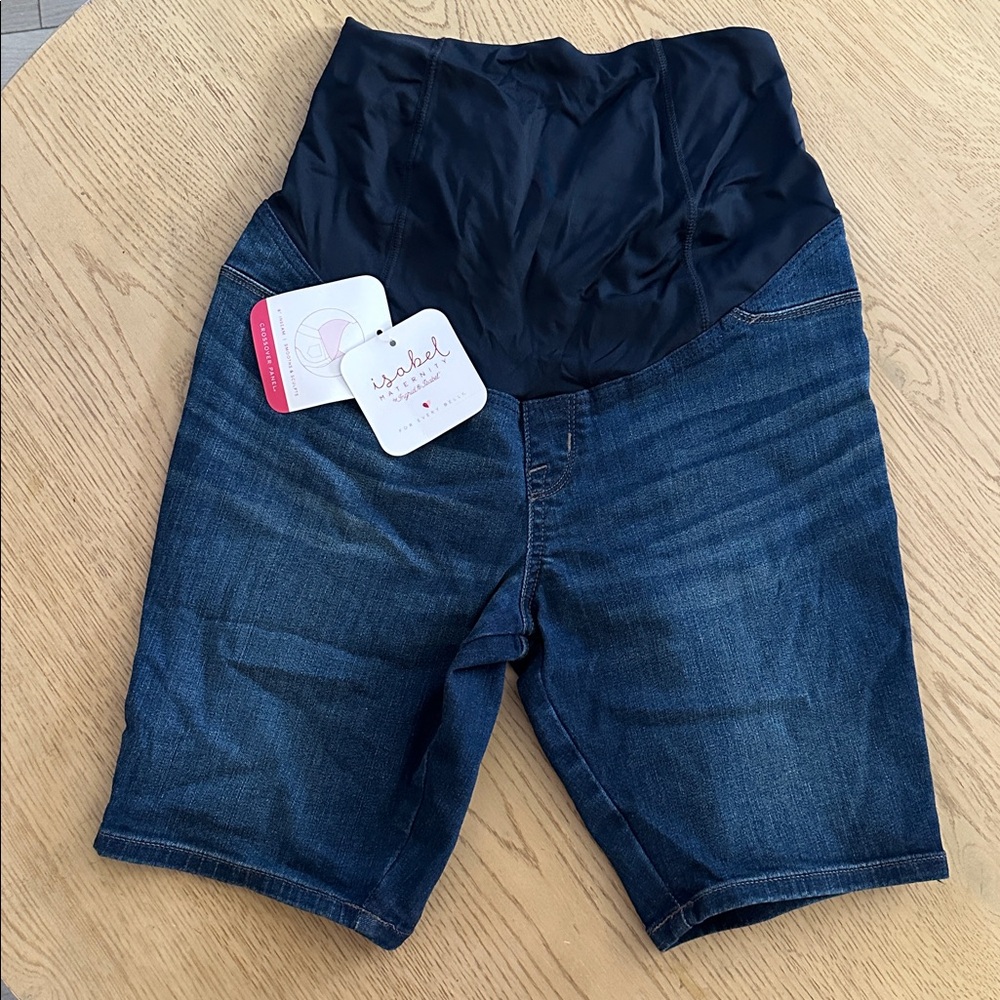 Crossover Panel Bermuda Maternity Jean
Shorts -Dark Denim Wash